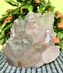 210MM Clear Quartz Cluster Green Phantom Crystal Quartz Display Piece Geode