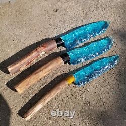 255mm Hand carving blue glass quartz crystal knife sample healing3 pieces