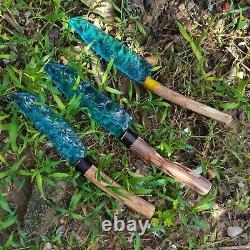 255mm Hand carving blue glass quartz crystal knife sample healing3 pieces