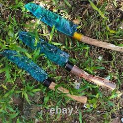 255mm Hand carving blue glass quartz crystal knife sample healing3 pieces