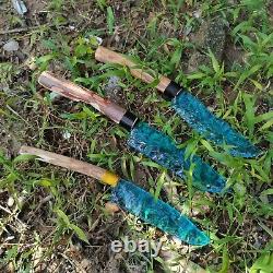 255mm Hand carving blue glass quartz crystal knife sample healing3 pieces