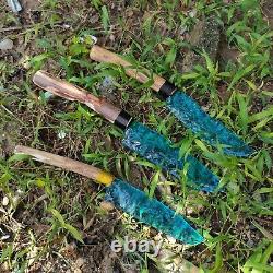 255mm Hand carving blue glass quartz crystal knife sample healing3 pieces