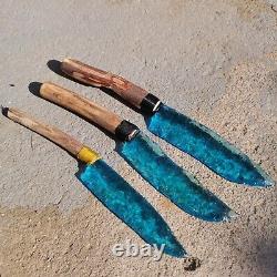 255mm Hand carving blue glass quartz crystal knife sample healing3 pieces