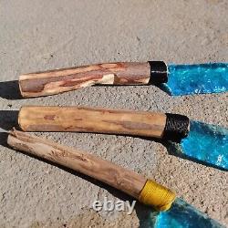 255mm Hand carving blue glass quartz crystal knife sample healing3 pieces