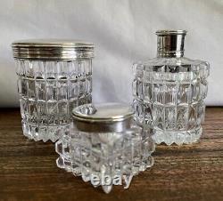 3 Piece Antique Crystal Vanity Jars / Bottle / Set Sterling Lids Scent