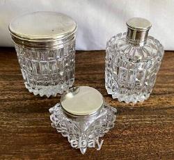 3 Piece Antique Crystal Vanity Jars / Bottle / Set Sterling Lids Scent