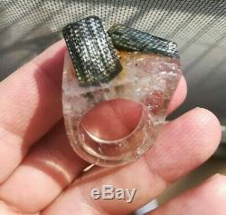 5 3/4 USA Size Metal Free Rough Green Tourmaline In Quartz One Piece Ring