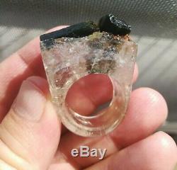 5 3/4 USA Size Metal Free Rough Green Tourmaline In Quartz One Piece Ring