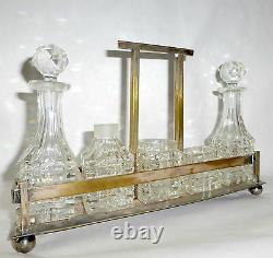 6 Piece Art Deco Beveled Cut Crystal Perfume Bottles Vanity Set in Metal Cart