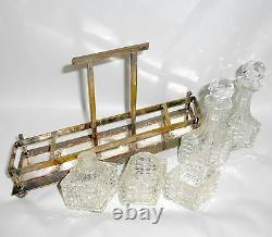 6 Piece Art Deco Beveled Cut Crystal Perfume Bottles Vanity Set in Metal Cart
