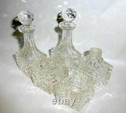 6 Piece Art Deco Beveled Cut Crystal Perfume Bottles Vanity Set in Metal Cart