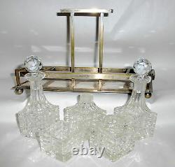 6 Piece Art Deco Beveled Cut Crystal Perfume Bottles Vanity Set in Metal Cart