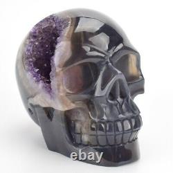 700g Natural Hand Carved Agate Amethyst Geode Crystal Skull Energy Healing