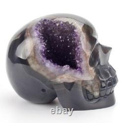700g Natural Hand Carved Agate Amethyst Geode Crystal Skull Energy Healing