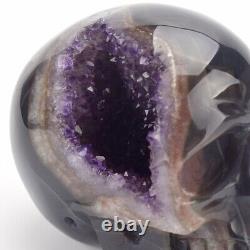 700g Natural Hand Carved Agate Amethyst Geode Crystal Skull Energy Healing