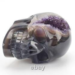 700g Natural Hand Carved Agate Amethyst Geode Crystal Skull Energy Healing