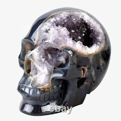 700g Natural Hand Carved Agate Amethyst Geode Crystal Skull Energy Healing