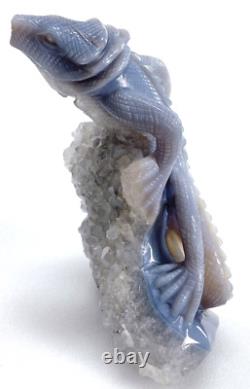 7.0'' Natural Agate Geode Lizard Hand Carved Crystal Sculpture, Home Decorator