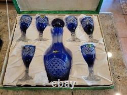 8 piece Cut Crystal in Blue Glass Decanter Set