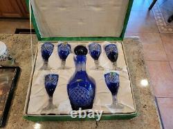 8 piece Cut Crystal in Blue Glass Decanter Set