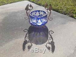 AMAZING CUT BLUE CRYSTAL Center piece BOWL WITH BRONZE DRAGON handles