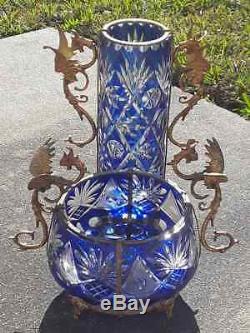AMAZING CUT BLUE CRYSTAL Center piece BOWL WITH BRONZE DRAGON handles