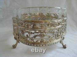 ANTIQUE FRENCH STERLING SILVER ETCHED CRYSTAL TABLE CENTER PIECE, LATE 19th