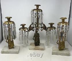 Antique 3 Piece Girandole Candelabra Candlestick Mantle Set w Crystal Prisms