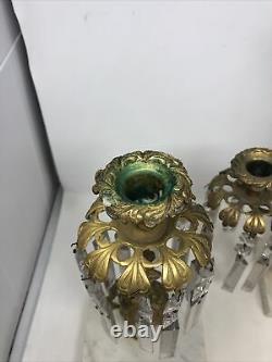 Antique 3 Piece Girandole Candelabra Candlestick Mantle Set w Crystal Prisms
