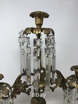 Antique 3 Piece Girandole Candelabra Candlestick Mantle Set w Crystal Prisms