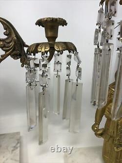 Antique 3 Piece Girandole Candelabra Candlestick Mantle Set w Crystal Prisms