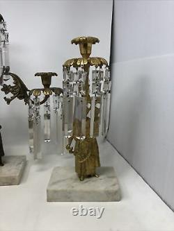 Antique 3 Piece Girandole Candelabra Candlestick Mantle Set w Crystal Prisms