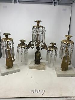 Antique 3 Piece Girandole Candelabra Candlestick Mantle Set w Crystal Prisms