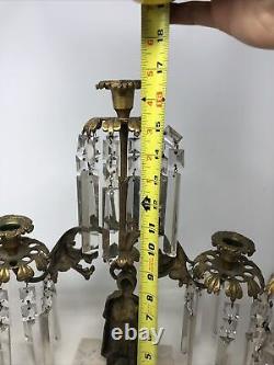 Antique 3 Piece Girandole Candelabra Candlestick Mantle Set w Crystal Prisms