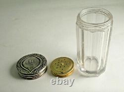 Antique Art Nouveau 3 Piece Powder Shaker-crystal Jar, Sterling Shaker Top, LID