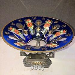 Antique Center Piece, Hand Painted Enamel Crystal and Bronze Stand