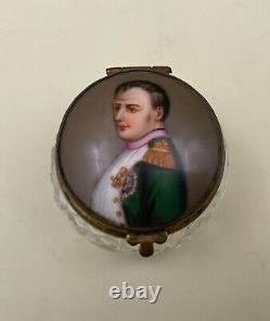 Antique Enameled Napoleon Portrait Patch Snuff Pressed Glass Crystal Box