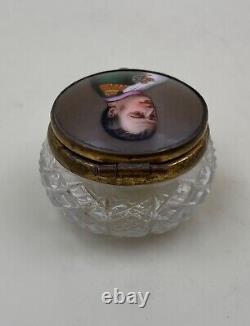 Antique Enameled Napoleon Portrait Patch Snuff Pressed Glass Crystal Box