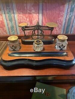 Antique English Triple Crystal Inkwell And Postal Scale Beautiful Piece