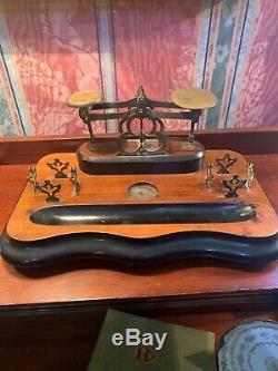 Antique English Triple Crystal Inkwell And Postal Scale Beautiful Piece