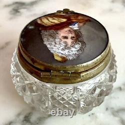 Antique French Cut Crystal & Porcelain Miniature Portrait Patch Box Trinket Box