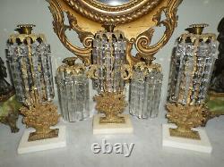 Antique Three Piece Girandole Set with Marble Base & Huge 7 Long Crystal Prism