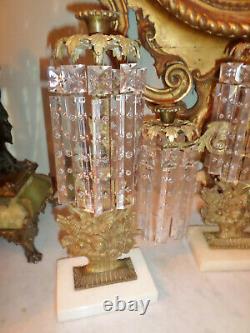 Antique Three Piece Girandole Set with Marble Base & Huge 7 Long Crystal Prism