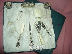 Antique crystal & silver 9piece boudoir VANITY SET in original fitted gift box