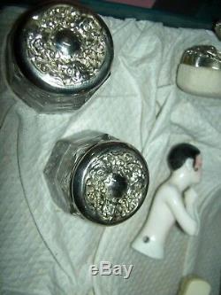 Antique crystal & silver 9piece boudoir VANITY SET in original fitted gift box