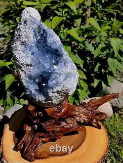 BEAUTIFUL NATURAL BLUE CELESTITE CRYSTAL GEODE WithSTAND, 18LB SHOW PIECE