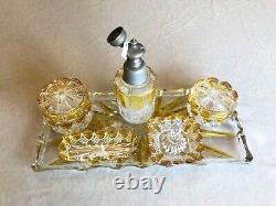 Beautiful Antique 19TH France Crystal Bathroom Set of 6 pieces Amber Color