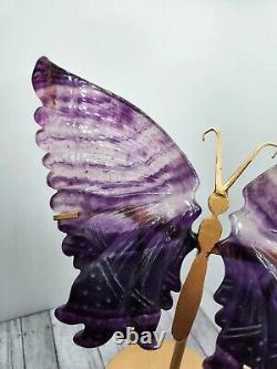Beautiful Statement Piece Rainbow Fluorite Butterfly Wings with Gold Stand