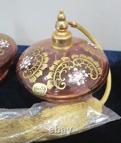 Bohemia Czech Cranberry Crystal Perfume Vanity Set 5 Pieces New Old Stock