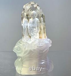 Buddha (reverse cut Clear Quartz) (lavender Fluorite stand) 2 piece statue